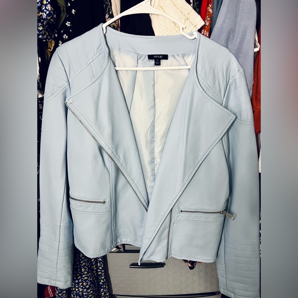 Powder blue leather jacket.